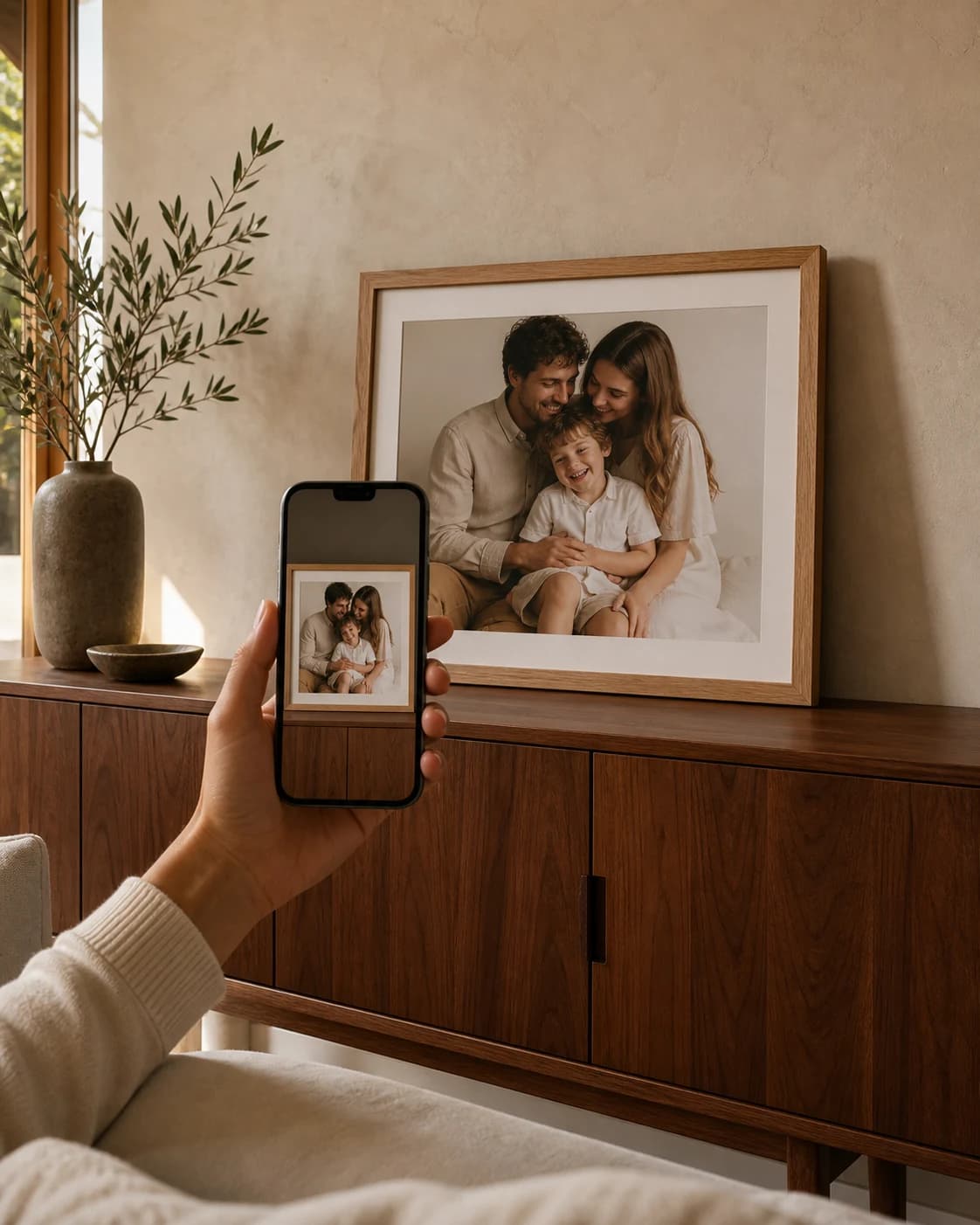 A family photograph in a natural-oak frame, with a phone showing the Emlivo viewing experience in front of it